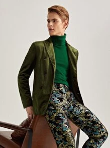 Manfinity Men Lapel Collar Double Breasted Front Velvet Blazer - Army Green - View 1