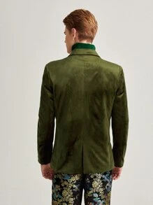 Manfinity Men Lapel Collar Double Breasted Front Velvet Blazer - Army Green - View 2