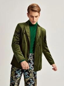 Manfinity Men Lapel Collar Double Breasted Front Velvet Blazer - Army Green - View 3