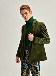 Manfinity Men Lapel Collar Double Breasted Front Velvet Blazer - Army Green - View 5