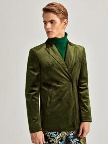 Manfinity Men Lapel Collar Double Breasted Front Velvet Blazer - Army Green - View 6