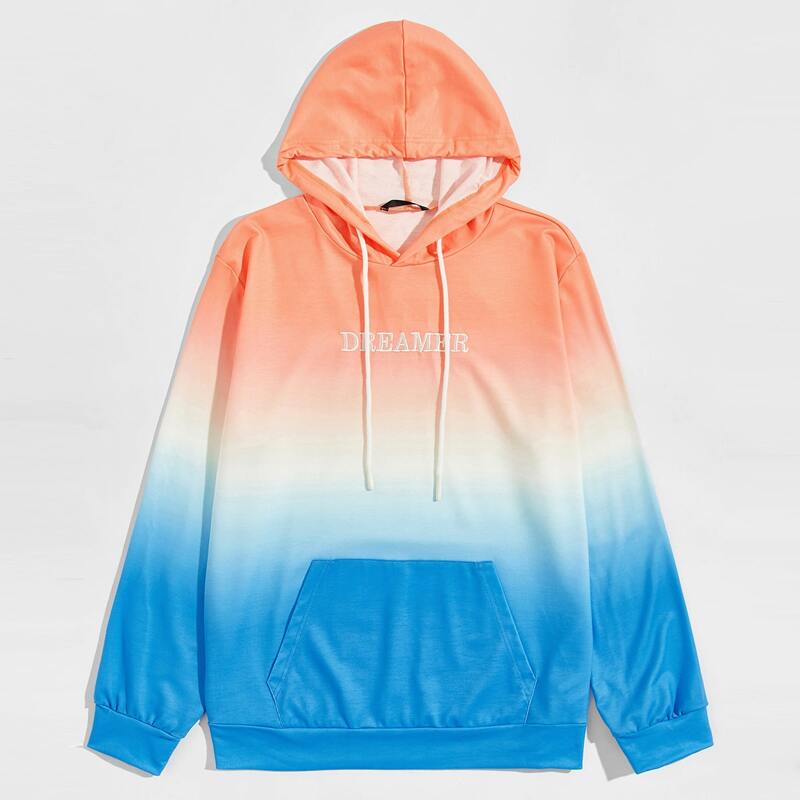 

Guys Letter Embroidered Ombre Hoodie, Multicolor