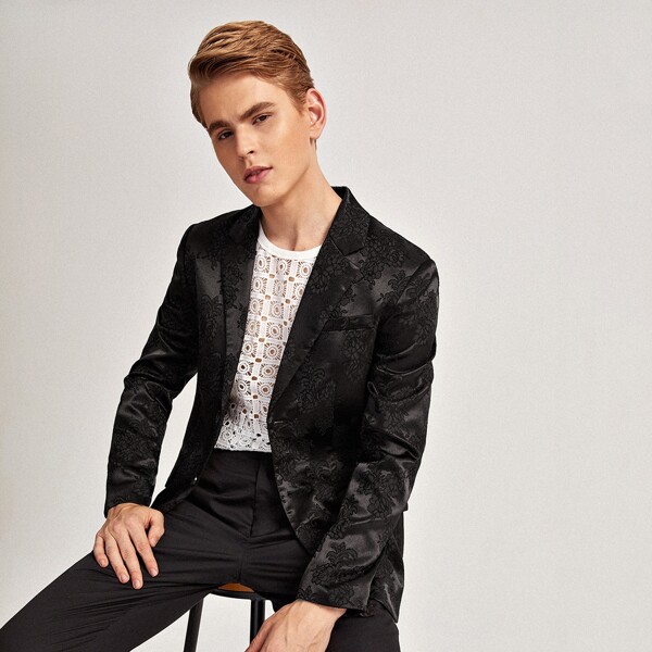 

Men Lapel Collar Flap Detail Jacquard Blazer, Black