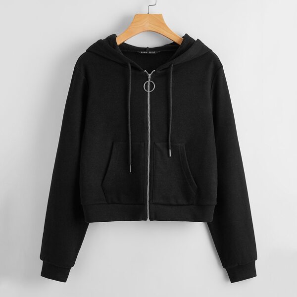 

Pocket Front O-ring Zip Up Hoodie, Black