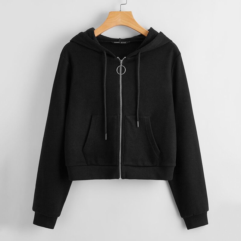 

Pocket Front O-ring Zip Up Hoodie, Black