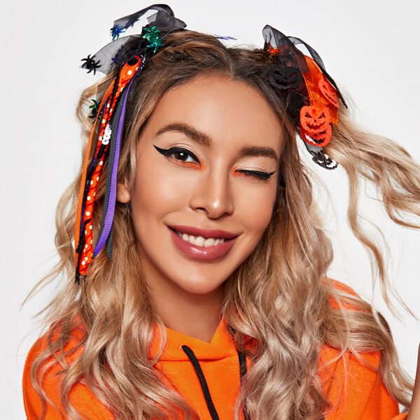 

3pcs Halloween Mesh Pumpkin Decor Hair Tie, Multicolor