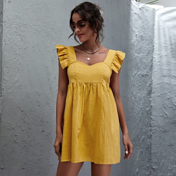 

Flounce Trim Sweetheart Neck Smock Dress, Yellow