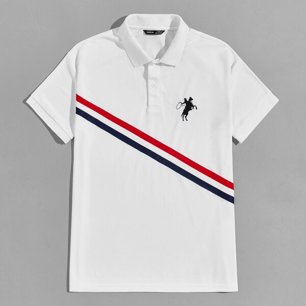 

Men Figure and Horse Embroidered Striped Trim Polo Shirt, White