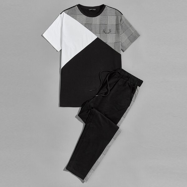 

Men Glen Plaid Panel Colorblock Tee and Sweatpants Set, Black