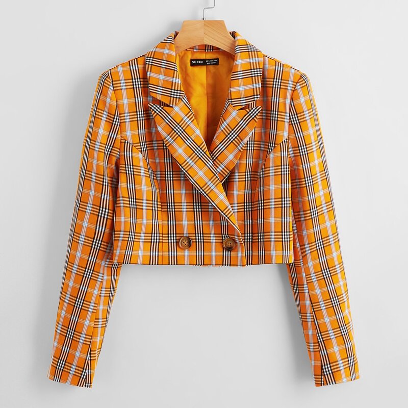 

Notched Collar Buttoned Front Plaid Blazer, Orange