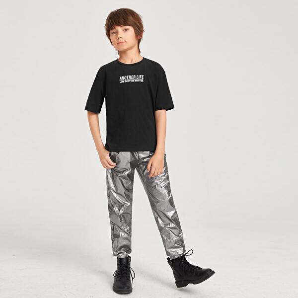 

Boys Slogan Graphic Top & Metallic Pants Set, Multicolor