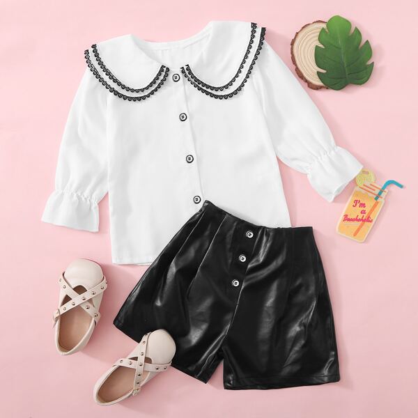 

Toddler Girls Lace Trim Peter Pan Blouse With PU Shorts, Black and white