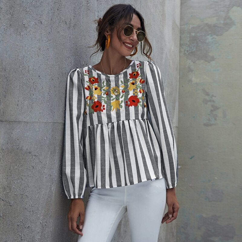 

Embroidered Flower Striped Smock Top, Multicolor