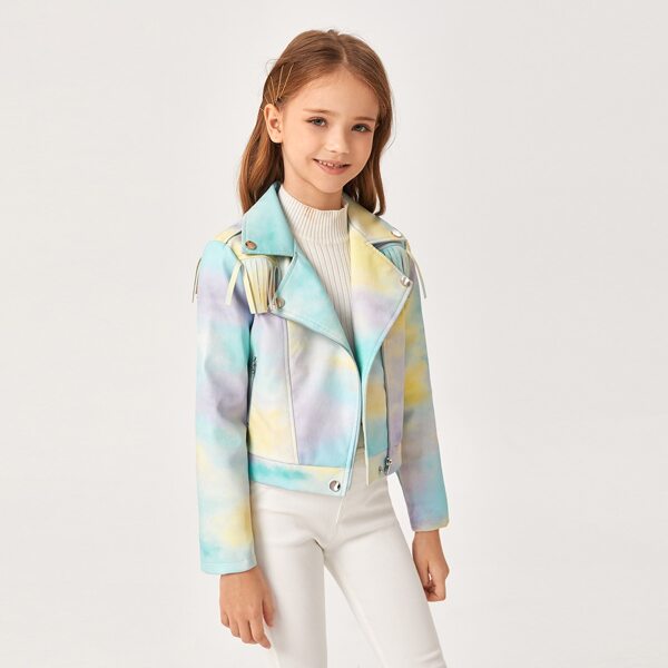 

Girls Fringe Trim Tie Dye PU Leather Moto Jacket, Multicolor