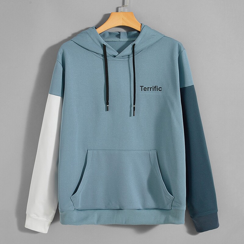 

Guys Color Block And Letter Graphic Drawstring Hoodie, Dusty blue