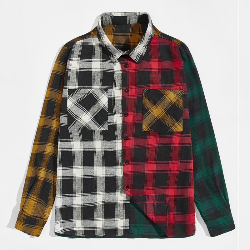 

Guys Color-block Plaid Pocket Patched Shirt, Multicolor