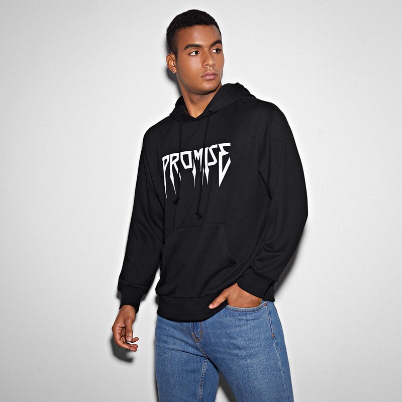 

Guys Letter Graphic Kangaroo Pocket Drawstring Hoodie, Black