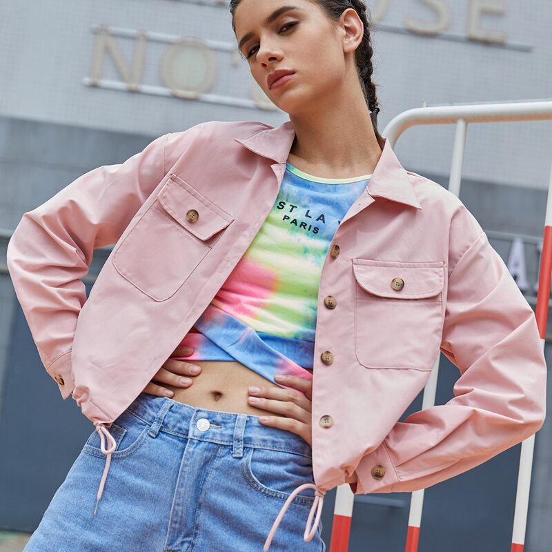 

Solid Button Front Jacket, Baby pink