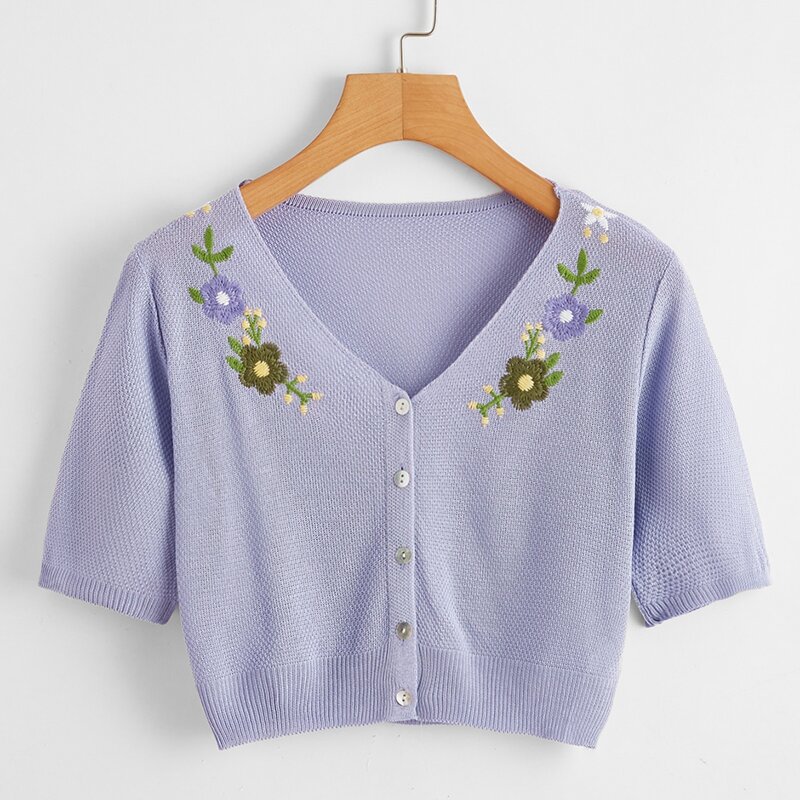 

Flower Embroidery Crop Knit Cardigan, Lilac purple