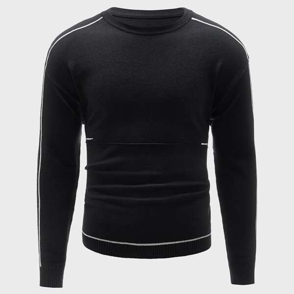 

Men Contrast Piping Crew Neck Sweater, Black