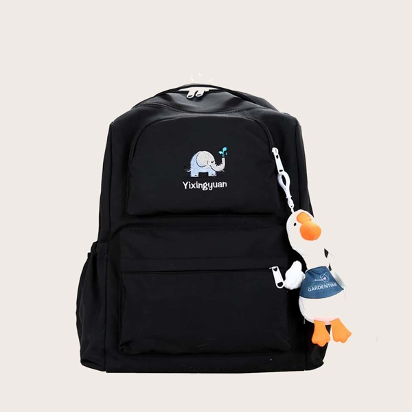 

Cartoon Embroidered Backpack With Toy Charm, Black