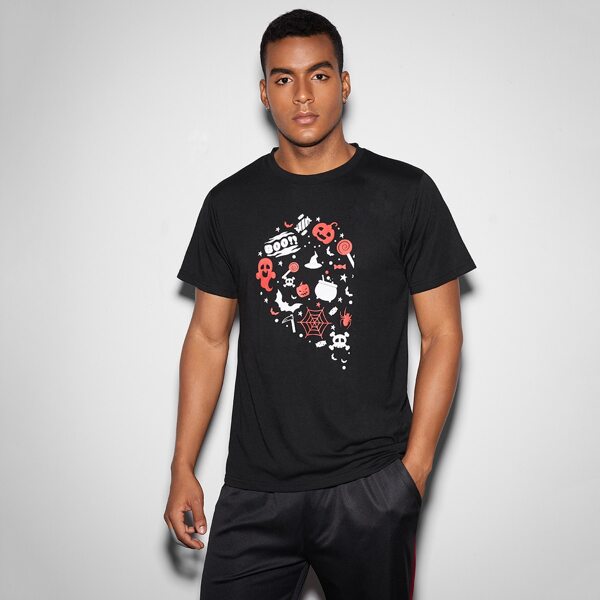 

Men Halloween Print Short Sleeve Tee, Black