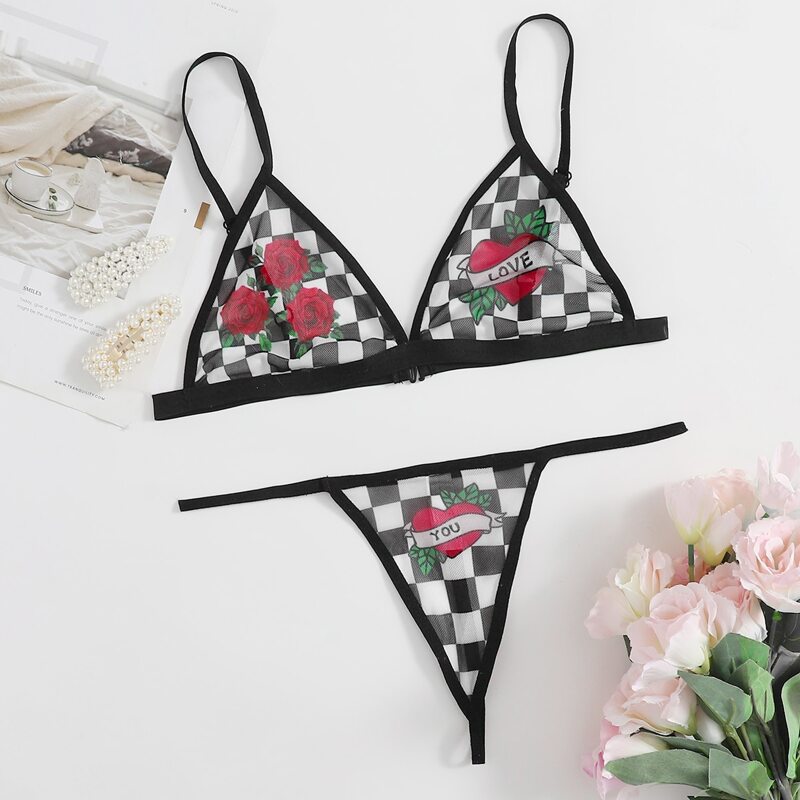 

Checkerboard & Floral Print Thong Lingerie Set, Black and white