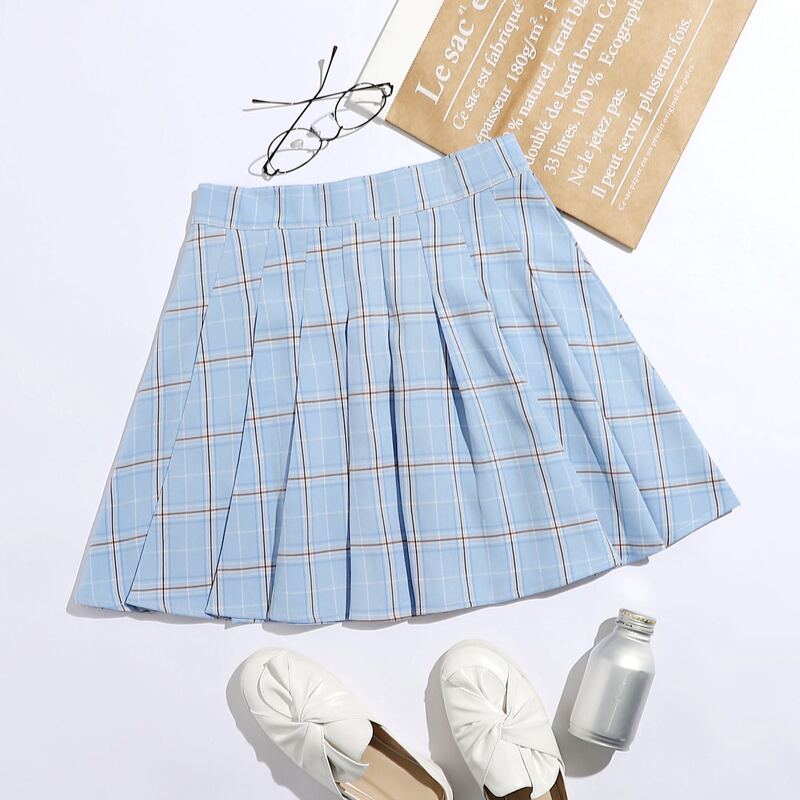 

Plaid Pleated Skirt, Baby blue