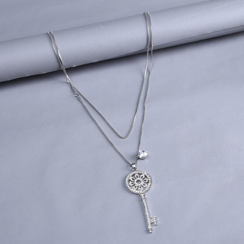 

Guys Rhinestone Decor Key Layered Necklace, Silver