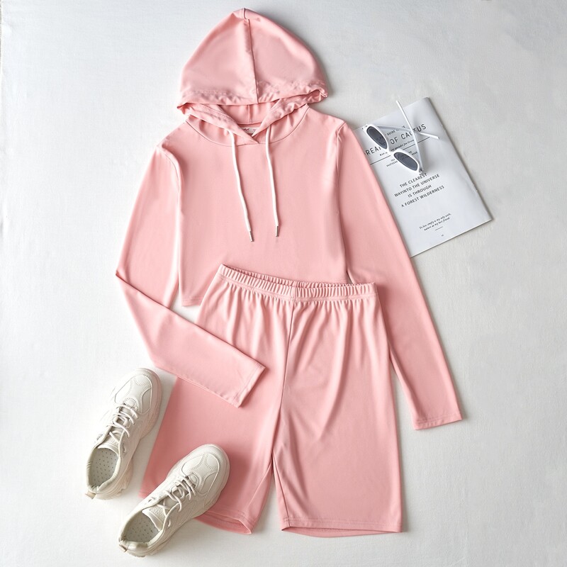 

Solid Hoodie & Biker Shorts, Baby pink