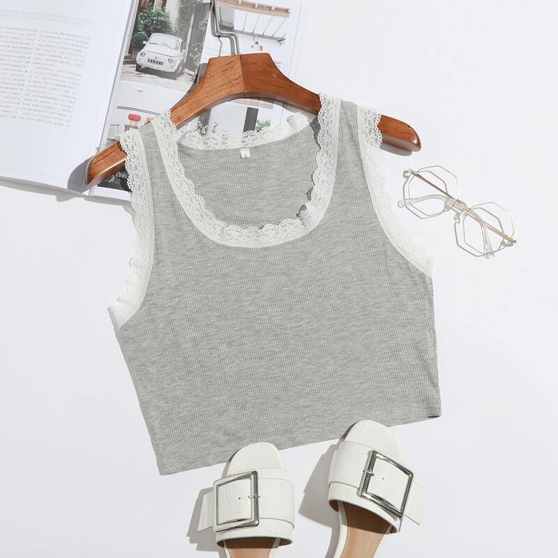 

Lace Trim Crop Tank, Light grey