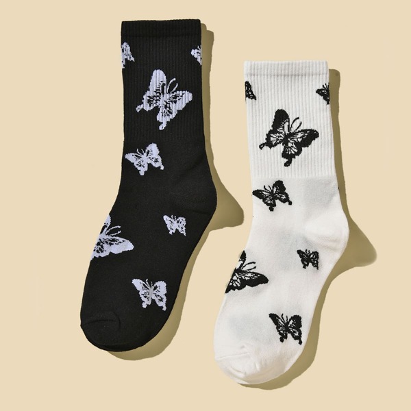 

2pairs Toddler Girls Butterfly Cotton Socks, Black and white