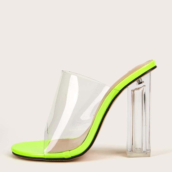 

Neon Lime Clear Chunky Heeled Mules, Neon clear