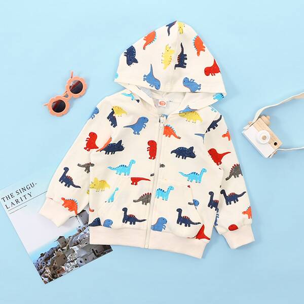 

Toddler Boys Cartoon Dinosaur Print Zip Up Hooded Jacket, Multicolor