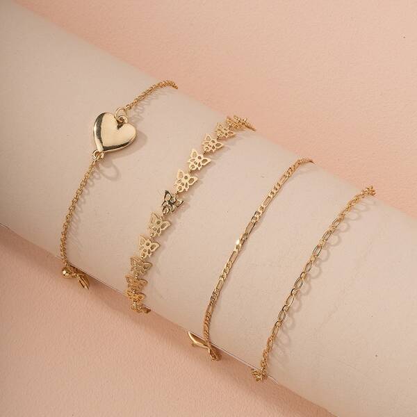 

4pcs Heart Decor Bracelet, Gold