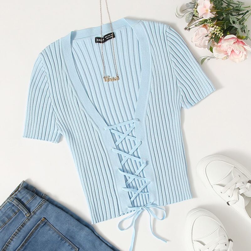 

Lace Up Front Knit Top, Pastel baby blue