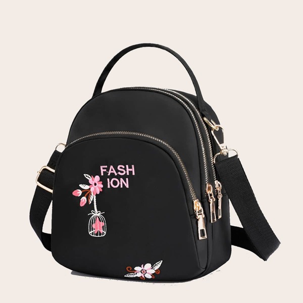 

Floral Embroidered Satchel Bag, Black