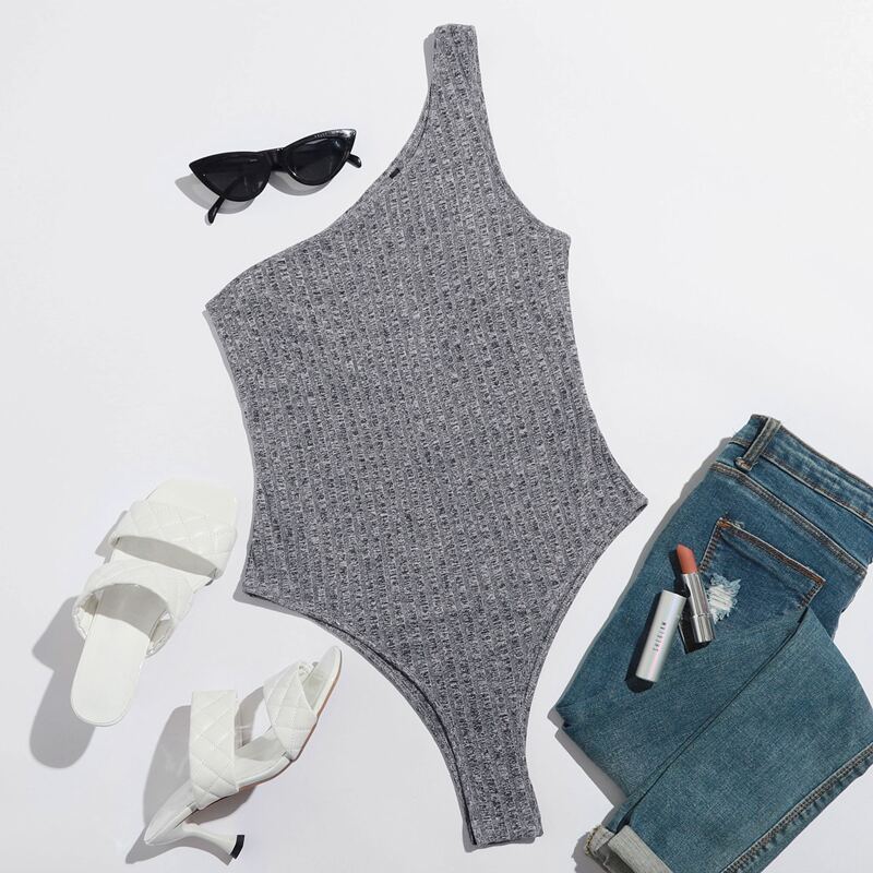 

One Shoulder Rib-knit Bodysuit, Grey