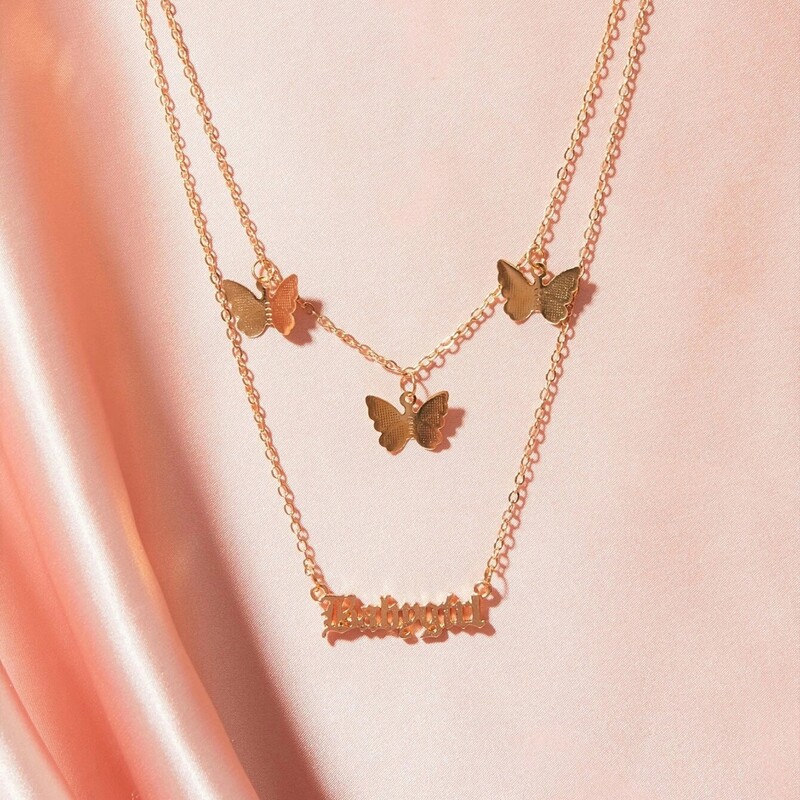 

Butterfly & Letter Decor Layered Chain Necklace, Gold