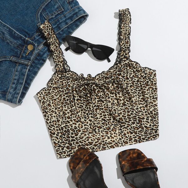 

Frill Straps Ruched Bust Leopard Print Crop Top, Multicolor