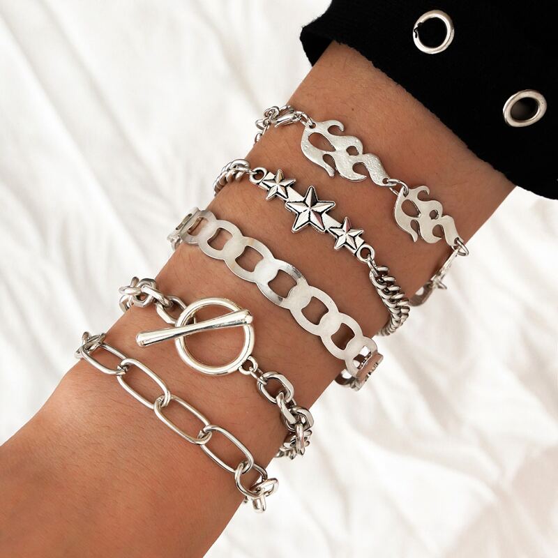 

5pcs Star & Flame Design Chain Bracelet, Silver