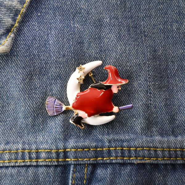 

Witch & Moon Cartoon Shaped Brooch, Multicolor