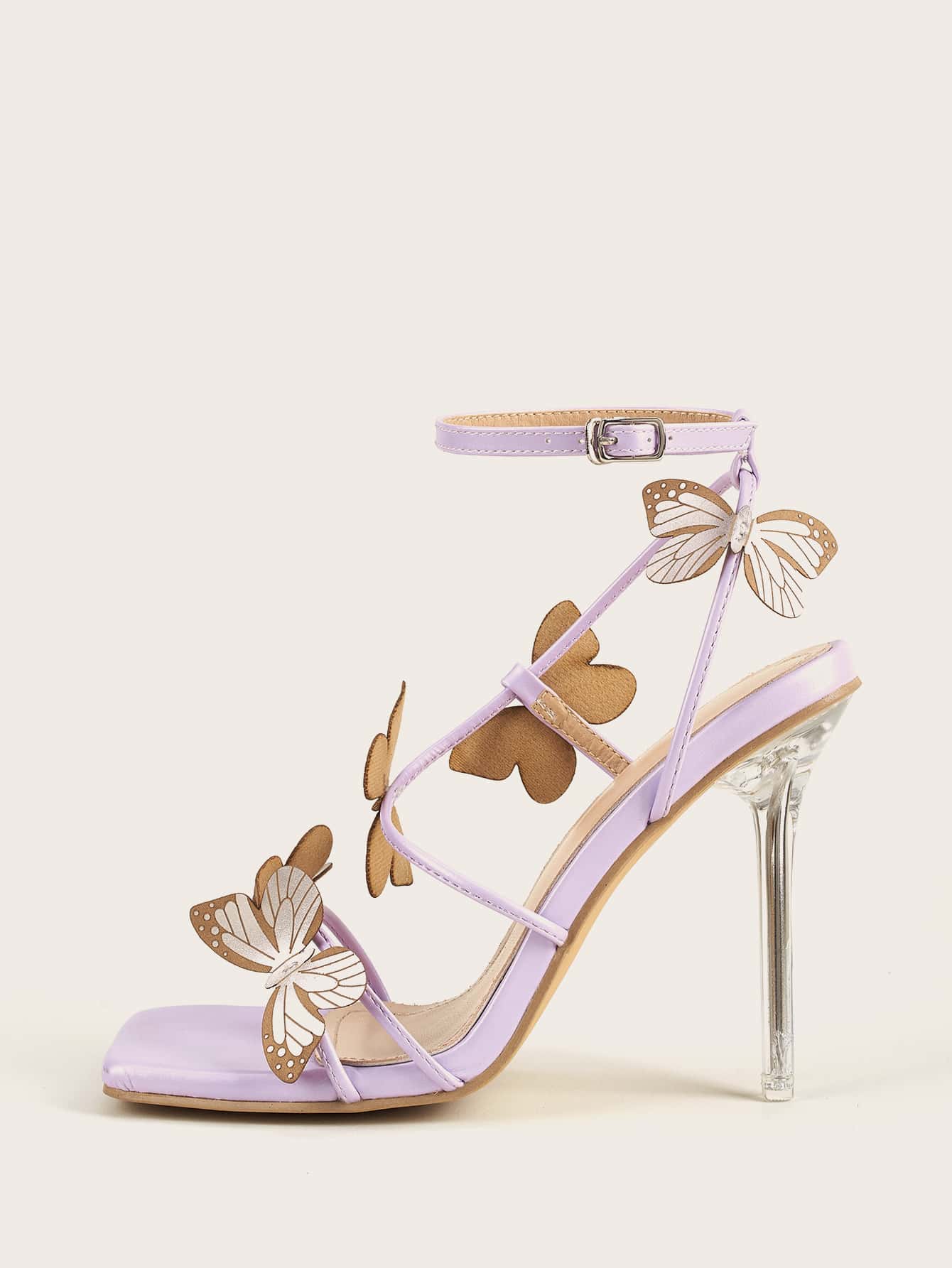 Butterfly Applique Stiletto Heeled Sandals - Purple - View 1