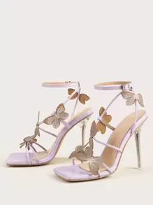 Butterfly Applique Stiletto Heeled Sandals - Purple - View 3
