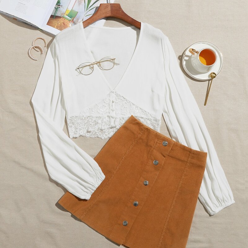 

Solid Lace Hem Button Front Top, White