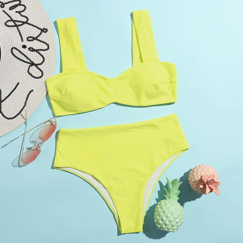 

Plain High Waist Bikini Swimsuit, Yellow neon