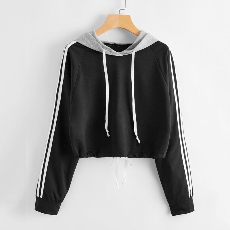

Side Striped Hooded Crop Sweatshirt, Black