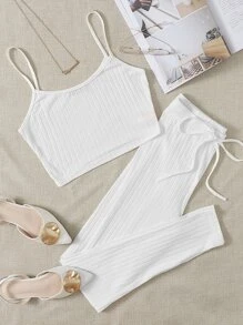 Muchica Rib-knit Cami Top & Knot Waist Pants Set - White - View 1
