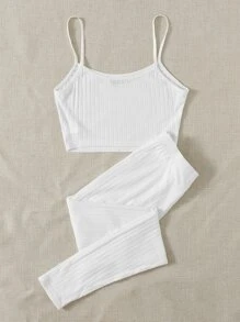 Muchica Rib-knit Cami Top & Knot Waist Pants Set - White - View 2