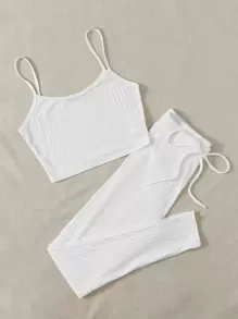 Muchica Rib-knit Cami Top & Knot Waist Pants Set - White - View 3